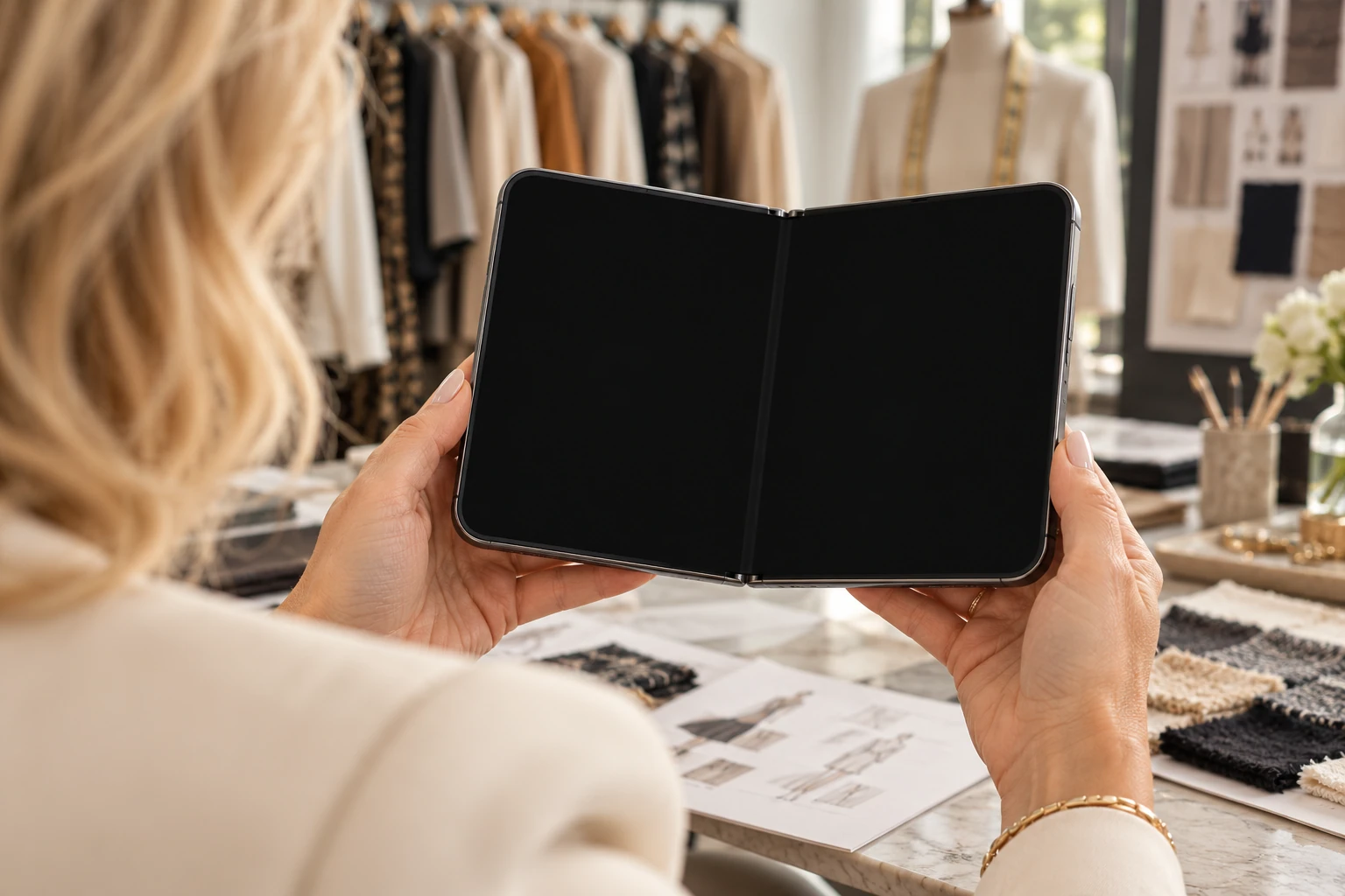 Over the shoulder of a blonde fashion-business owner holding a partially folded iPhone Duo, with both screens visible