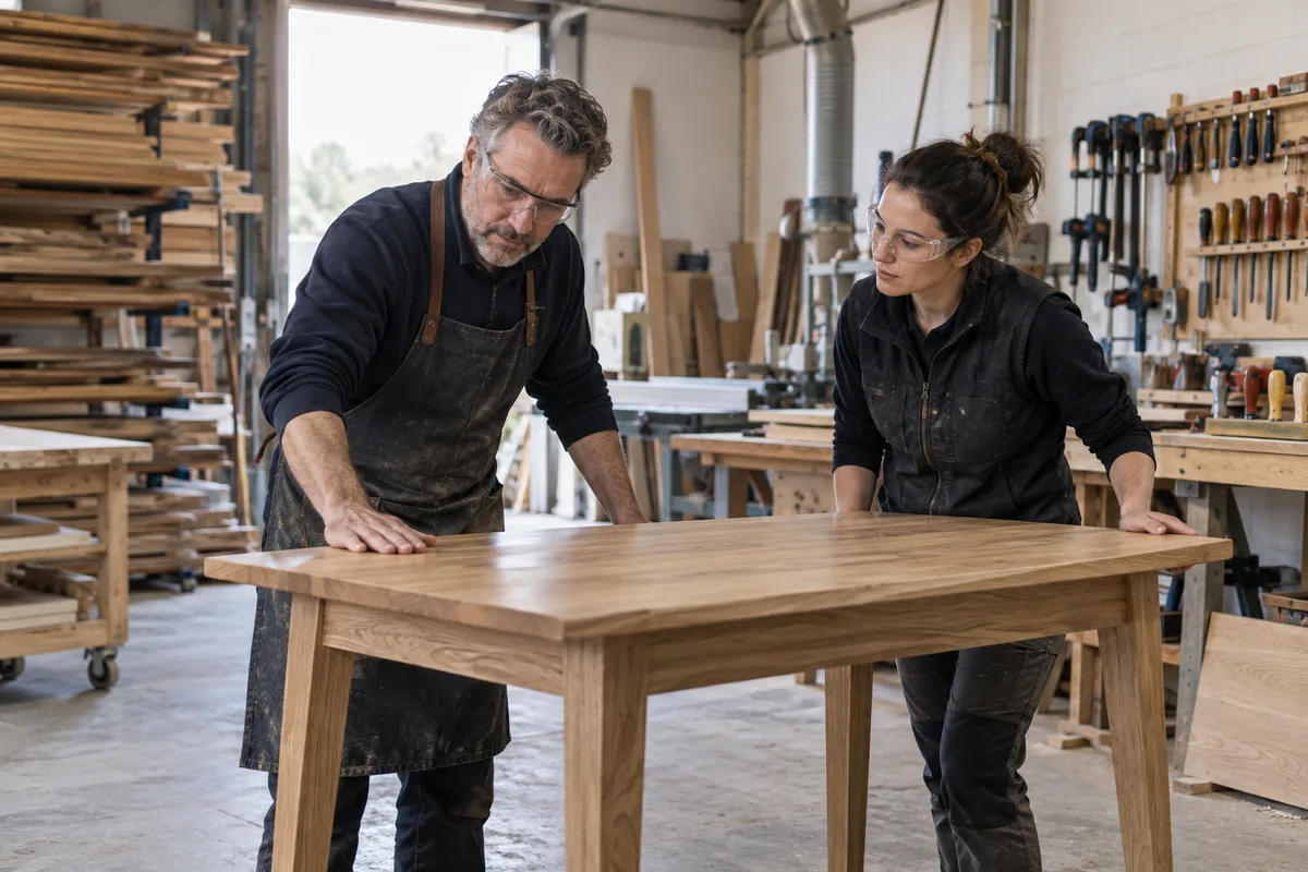 Furniture maker and production manager inspecting an oak table in a small workshop