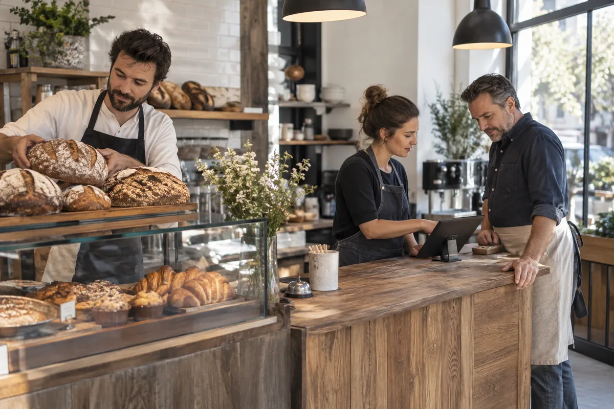 Bakery owner and baker preparing a neighborhood cafe for opening