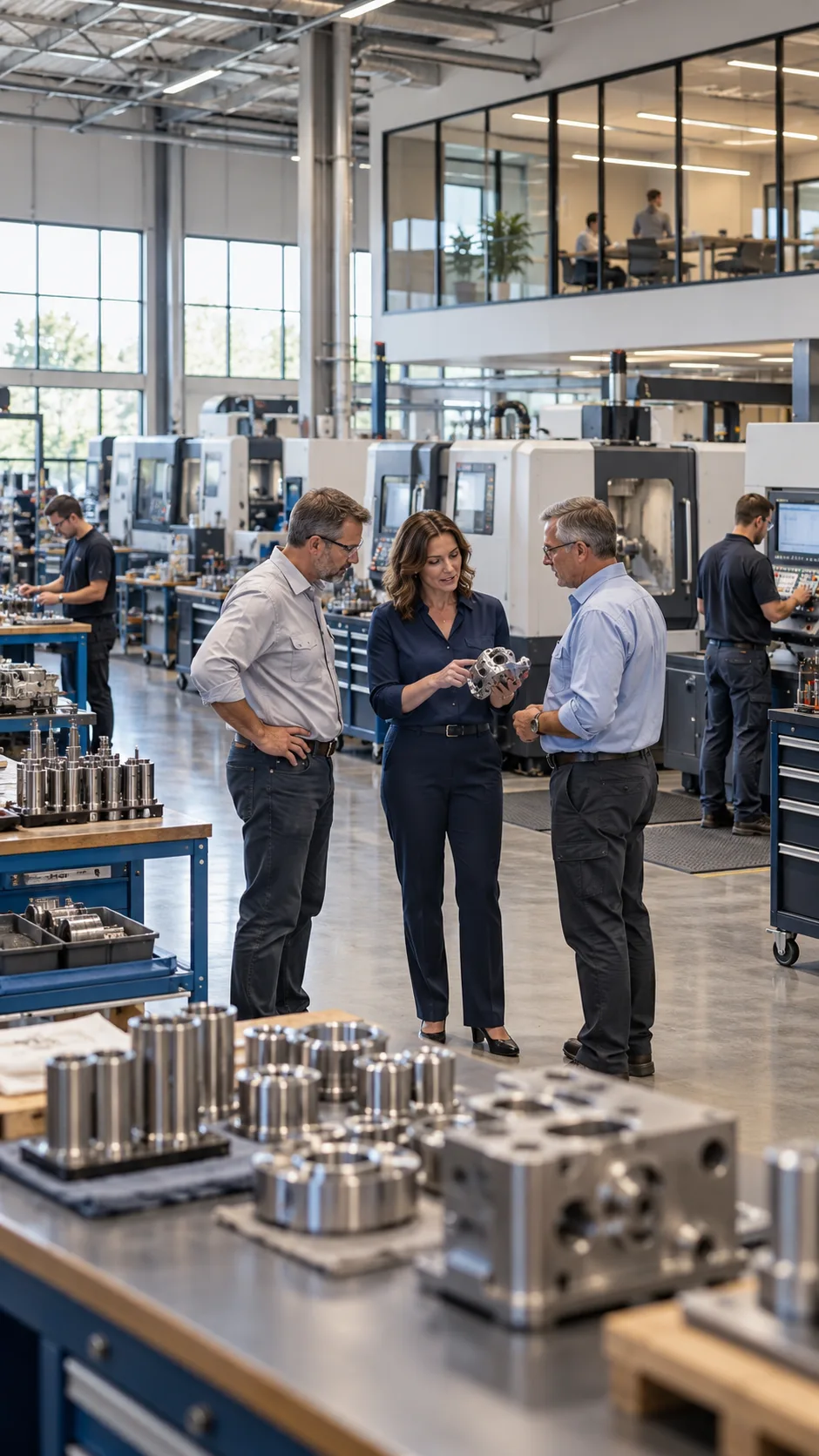 Illustrative established manufacturing business: an owner and experienced colleagues review a component beside their production floor