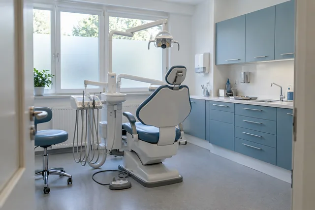 An independent dental clinic treatment room with equipment and no people