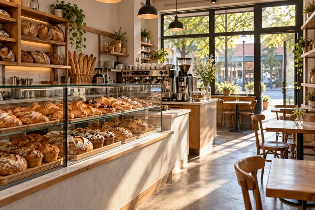 Products, counter and seating inside a neighborhood bakery-cafe