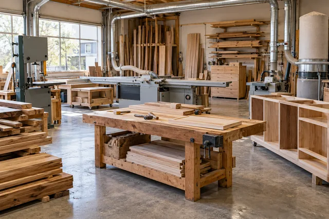Furniture production equipment, timber and workbenches in a small workshop