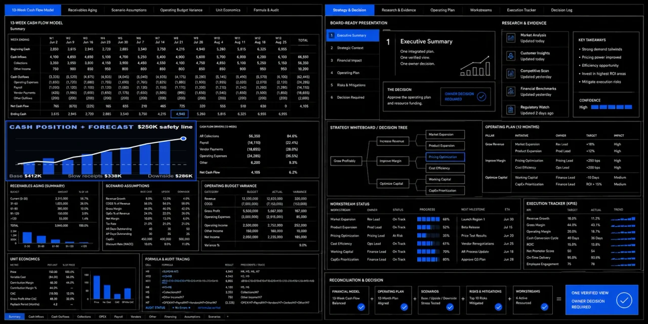 Illustrative SMBterminal interface: financial models, research, plans and execution tracking side by side.