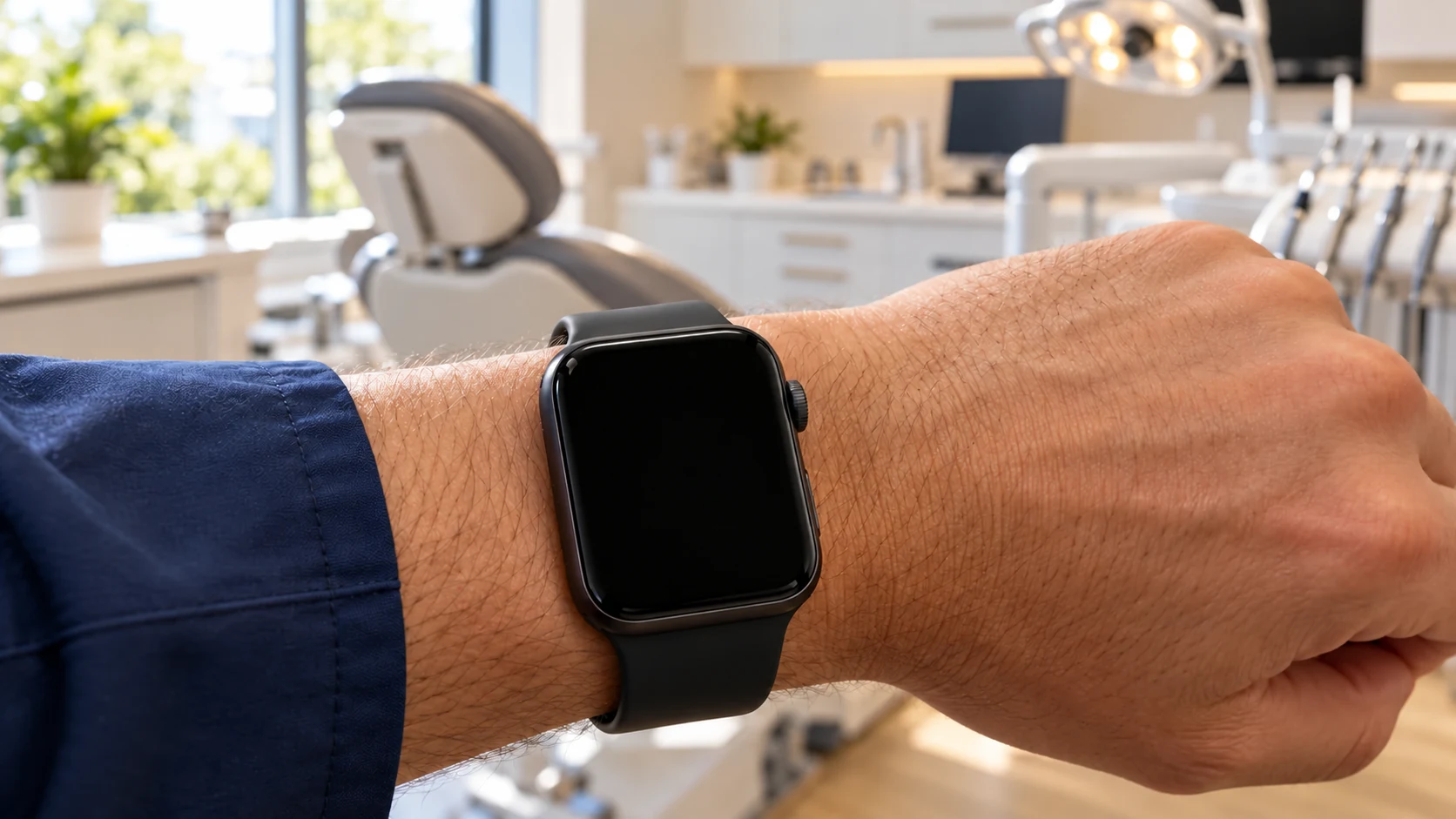 A dental-practice owner checks an Apple Watch showing a $38.4K payment received, with an empty dental chair behind the wrist
