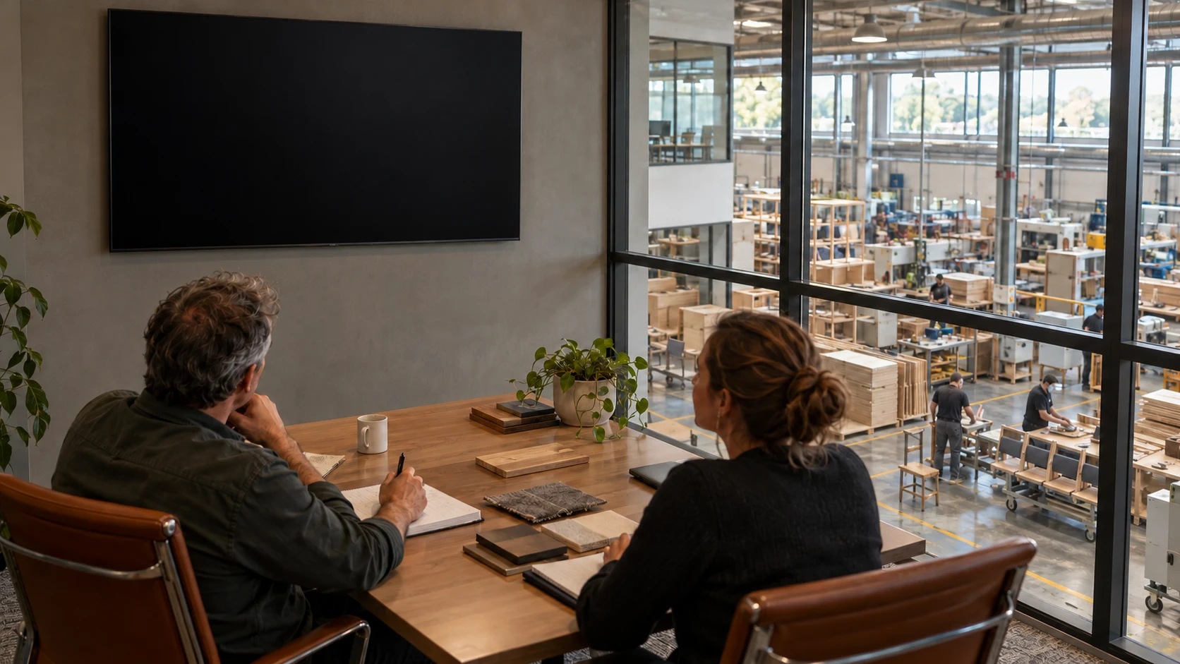 A furniture-manufacturing owner and operations lead watch the SMBtv broadcast on a solid-wall television in their second-floor office overlooking production below