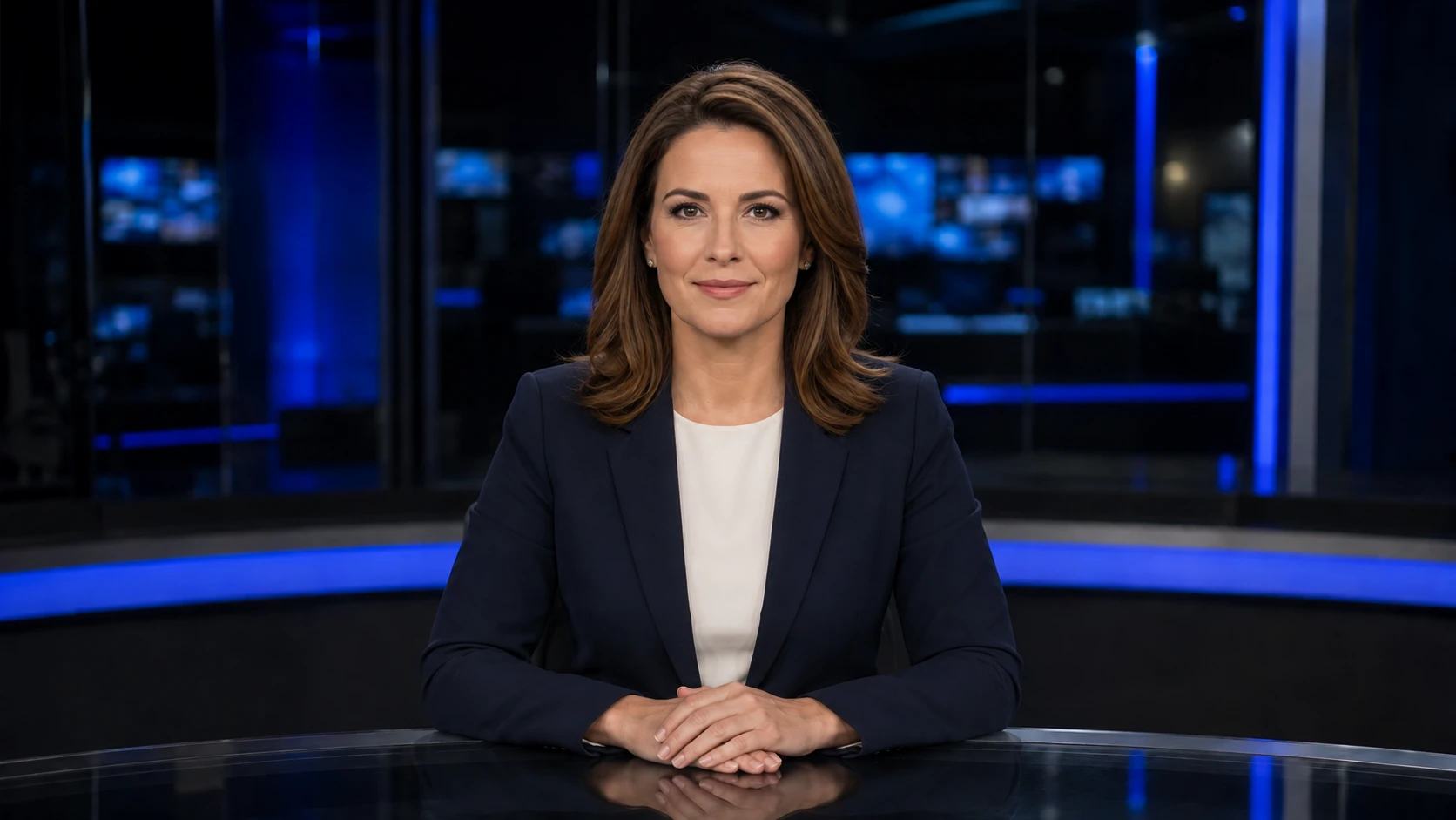 White woman SMBtv studio presenter explaining the weekly company review
